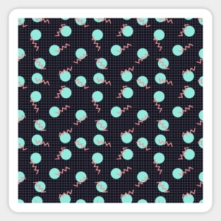 Cyan Circles and Pink sharp angled lines on dark grid pattern Sticker